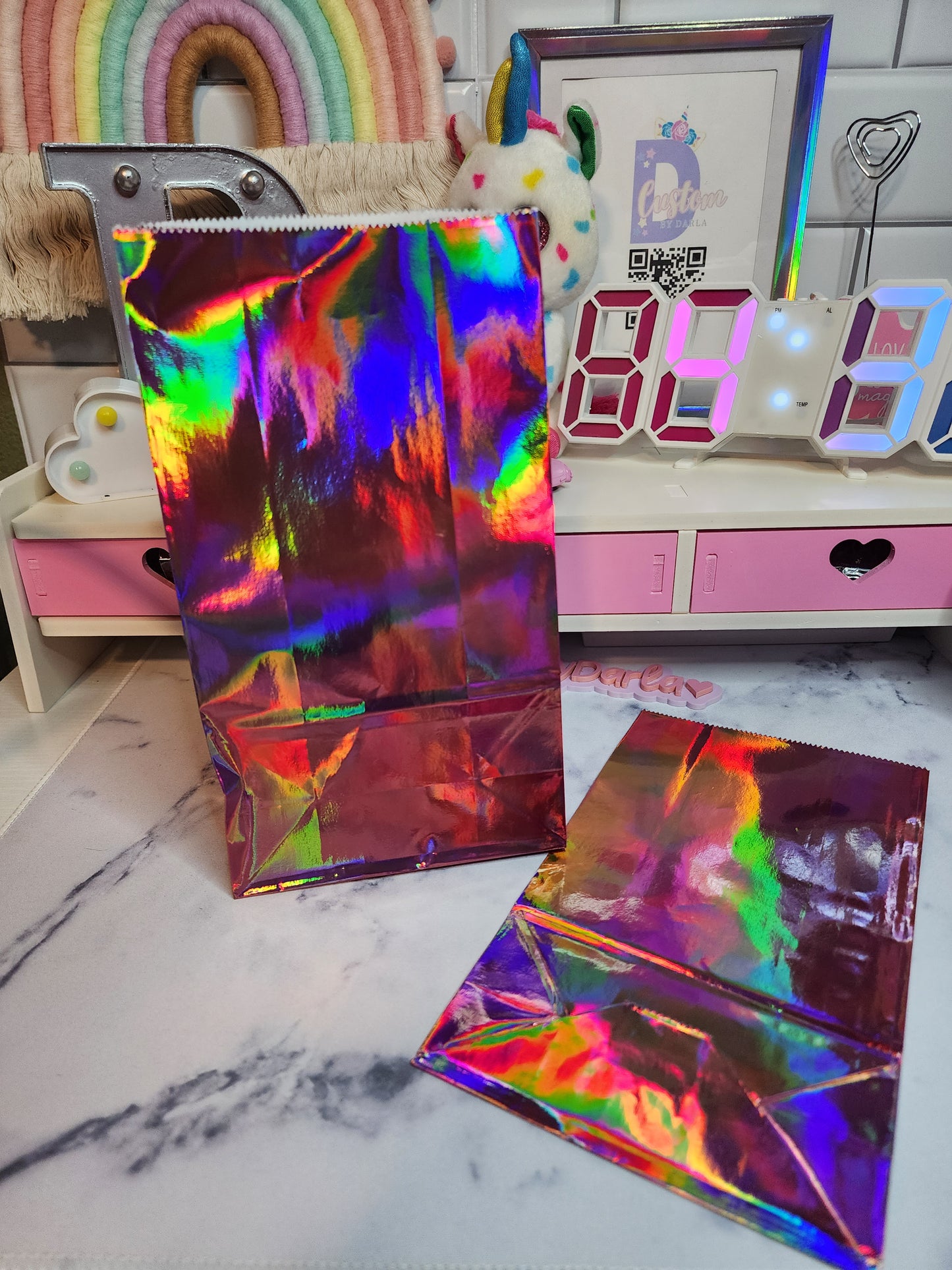 Pink holo paper bag 5x11x3in (6pcs)