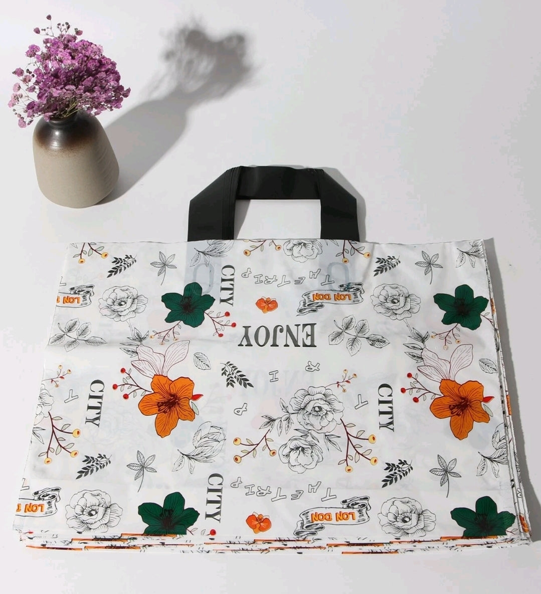 Orange and green flowers shopping bag 9x12in